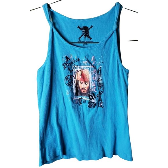 Pirates of the Caribbean Womens Size Large Blue Rib Knit Graphic Print Tank Top - Picture 1 of 5
